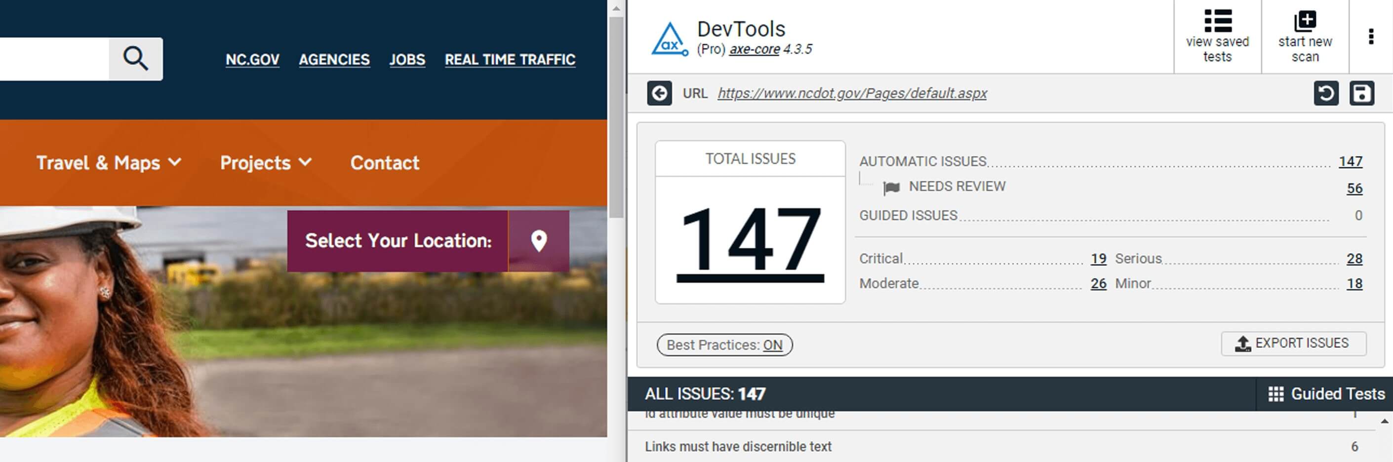 ncdot website and axe devtools snapshot showing 147 issues